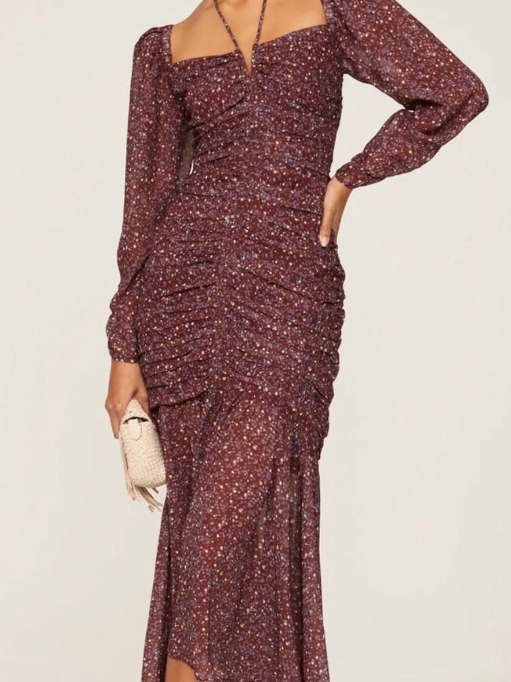 Astr Burgundy Ditsy Floral Ruched Midi Dress